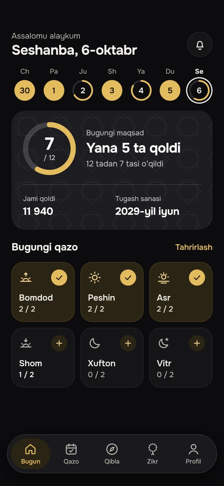 Sajda ilovasining Bugun ekrani: olti namoz va kunlik maqsad 7 / 12